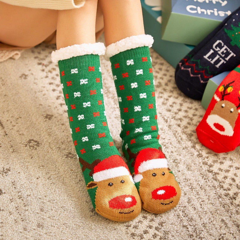 Christmas Fuzzy Socks Womens Winter Thermal Warm Floor Sock Soft Female Home Indoor Gifts Non Slip Grip Slipper Sock Fluffy - Amazhona 