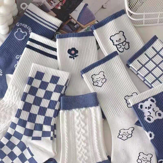 Japan Harajuku style cartoon creative striped checkered bear socks kawaii print funny girl socks fashion skateboard woman socks - Amazhona 