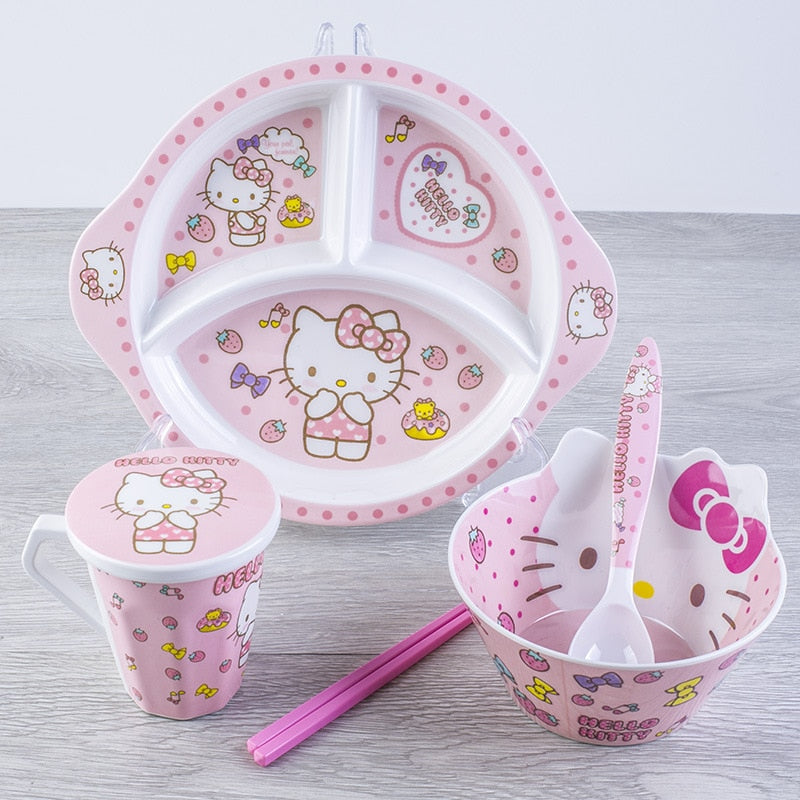 Kawaii Sanrio Hello Kitty Kids Tableware Set Cartoon Children Cutlery Kitchen Bowl Plate Dish Fork Spoon Water Glass Cutlery Set - Amazhona 