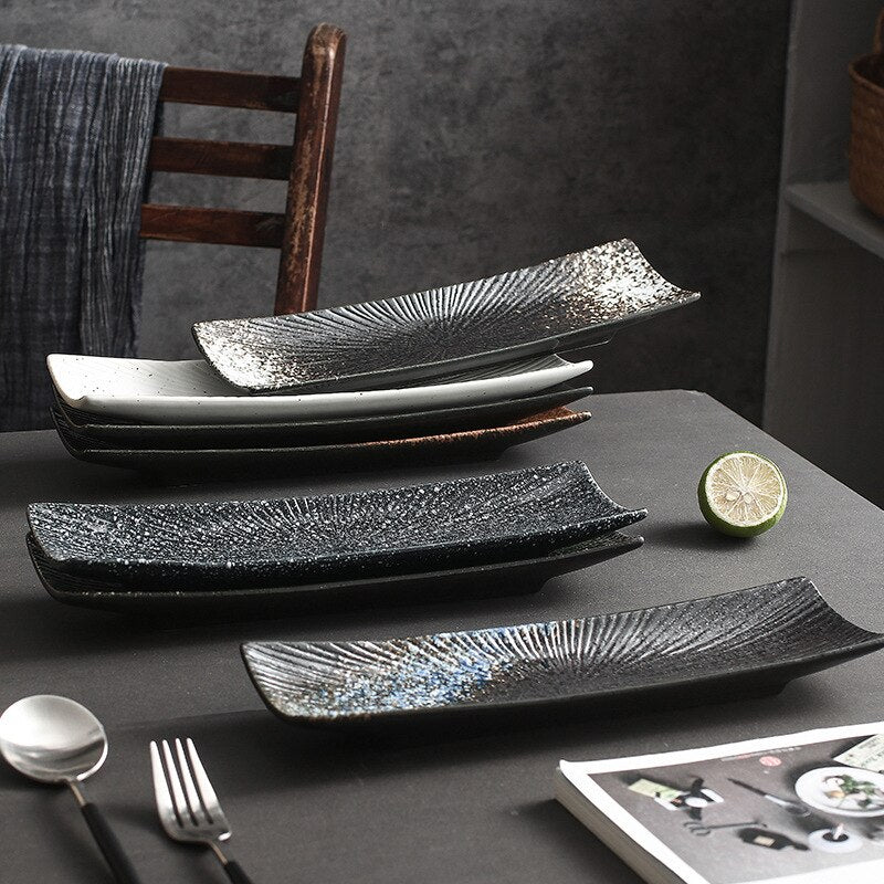 Japanese-style Tableware Long Plate Shaped Sushi Snack Plate Barbecue Plate Fish Plate Restaurant Plates Set Ceramic Dishes - Amazhona 