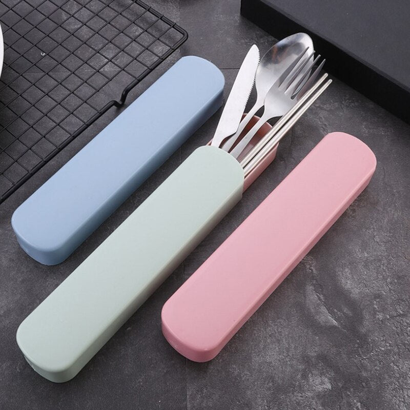 4Pcs/Set Travel Camping Cutlery Set Portable Tableware Stainless Steel Chopsticks Spoon Fork Steak Knife with Storage Case - Amazhona 