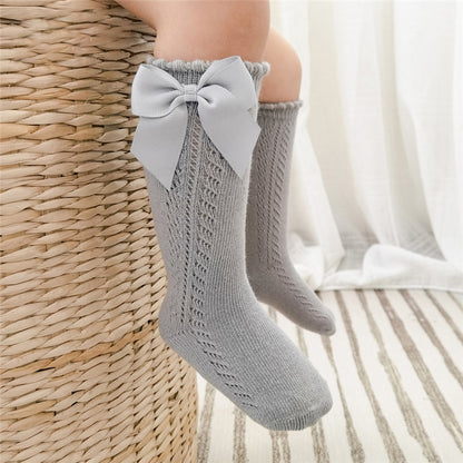 Summer Kids Knee High Socks Baby Girls Boys Bow Long Sock Soft Cotton Mesh Breathable Children Hollow Out Socken For 0-7 Years - Amazhona 