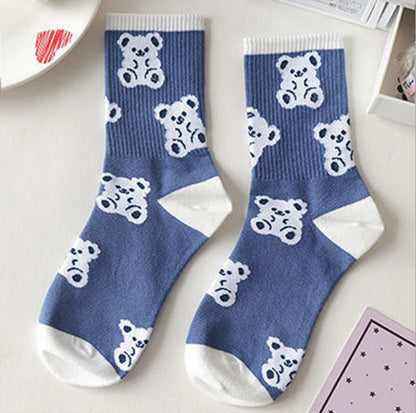 Japan Harajuku style cartoon creative striped checkered bear socks kawaii print funny girl socks fashion skateboard woman socks - Amazhona 