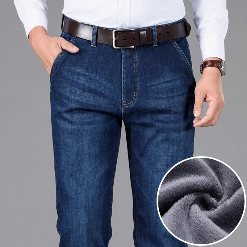 SHAN BAO winter brand fleece thick warm straight loose jeans classic style high-quality men's casual high waist denim jeans - Amazhona 