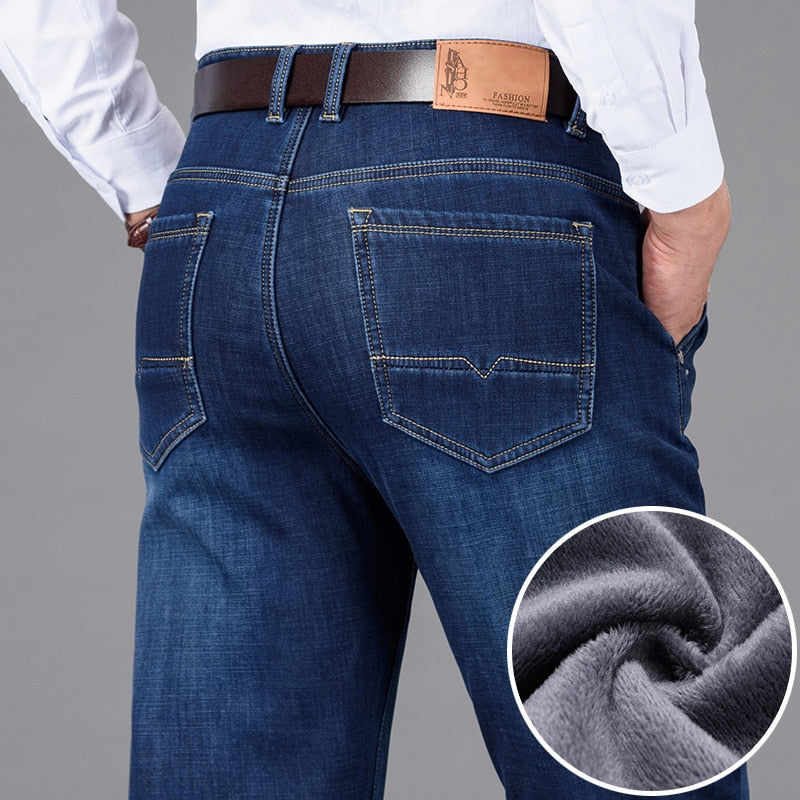 SHAN BAO winter brand fleece thick warm straight loose jeans classic style high-quality men's casual high waist denim jeans - Amazhona 