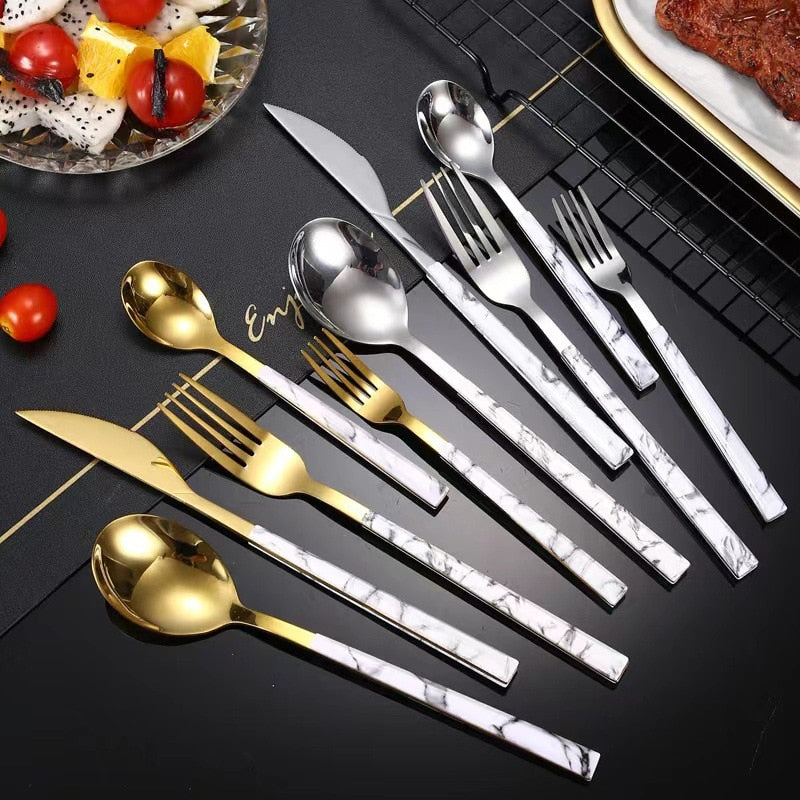 Stainless Steel Cutlery Set Western Portable Spoon Fork Knife Teaspoon Marble Handle Dinnerware Tableware Kitchen Utensils - Amazhona 