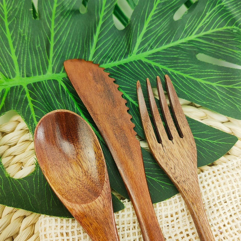 Portable Bamboo Cutlery Set Travel Utensils Biodegradable Wooden Dinnerware Outdoor Flatware Zero Waste Bamboo Tableware Set - Amazhona 