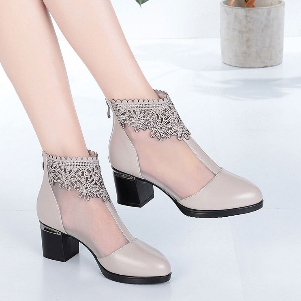 Sandals for Women Fashion Rhinestone Mesh Leather Shoes High-heeled Sandals 2022 Summer Breathable Cool Boots Women's Sandals - Amazhona 