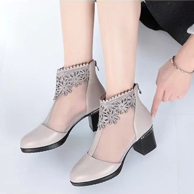 Sandals for Women Fashion Rhinestone Mesh Leather Shoes High-heeled Sandals 2022 Summer Breathable Cool Boots Women's Sandals - Amazhona 