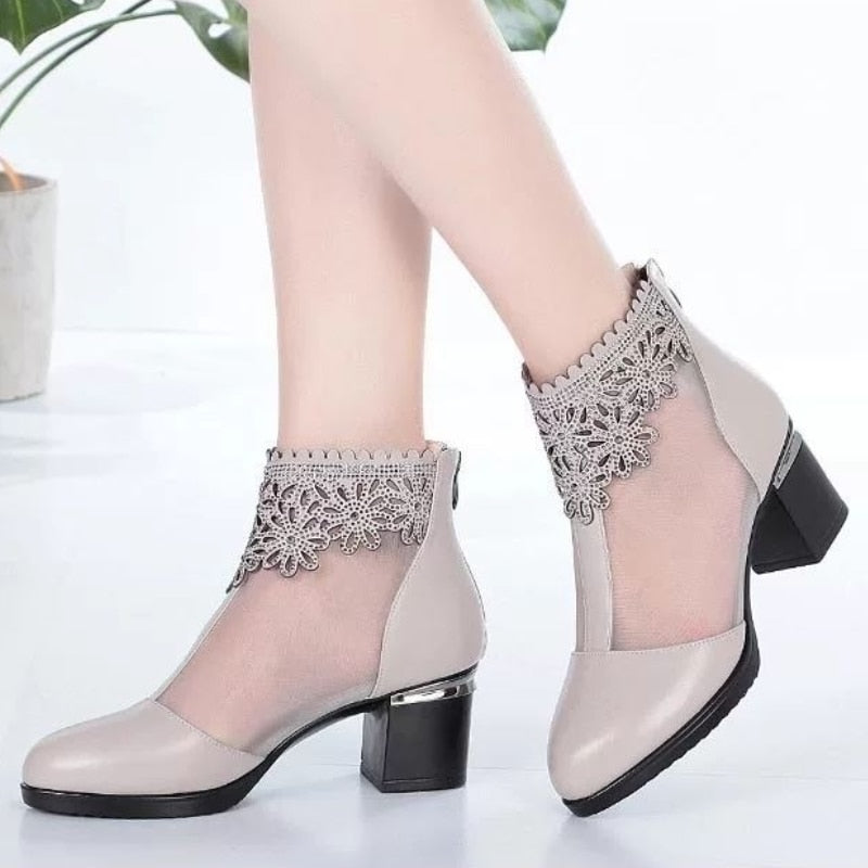 Sandals for Women Fashion Rhinestone Mesh Leather Shoes High-heeled Sandals 2022 Summer Breathable Cool Boots Women's Sandals - Amazhona 