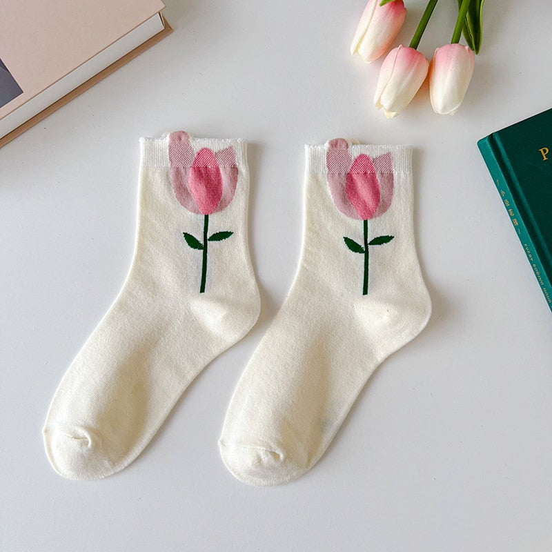 1 Pair Women Socks Japanese Korean Style Cartoon Flower Candy Color Harajuku Kawaii Mid Tube Socks Breathable Casual Short Socks - Amazhona 