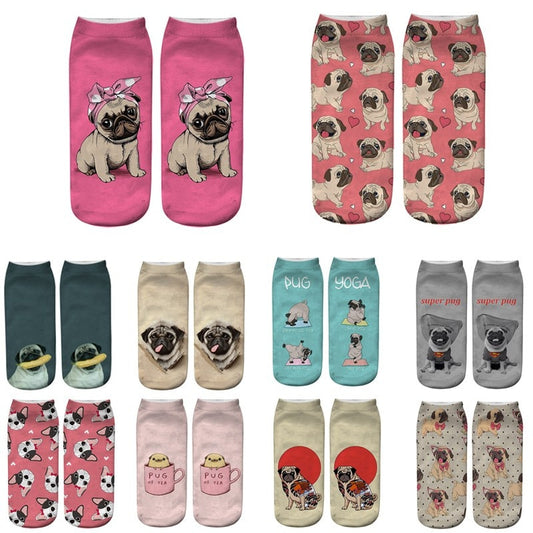 Funny Kawaii 3D Pug Dog Print Short Socks Cotton Fashion Harajuku Hip Hop Cute Japanese Fashion Soft Women Animal Slippers Socks - Amazhona 