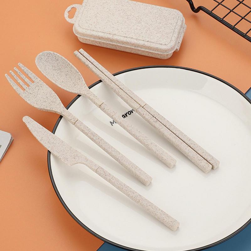 4pcs Wheat Straws Dinnerware Set Portable Tableware Cutter Fork Spoon Chopsticks Set Travel Cutlery Set Kitchen Utensil Box - Amazhona 