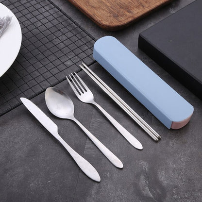 4Pcs/Set Travel Camping Cutlery Set Portable Tableware Stainless Steel Chopsticks Spoon Fork Steak Knife with Storage Case - Amazhona 