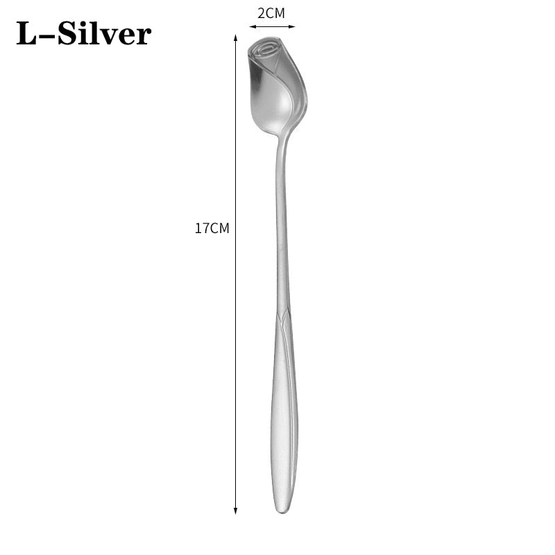 1PCS Stainless Steel Rose Spoon Kitchen Cutlery Milk Coffee Stirring Spoon Dessert Cake Tools Cutlery Set tiny spoon - Amazhona 