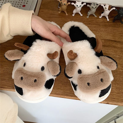 Upgrate Cute Animal Slipper For Women Girls Kawaii Fluffy Winter Warm Slippers Woman Cartoon Milk Cow House Slippers Funny Shoes - Amazhona 