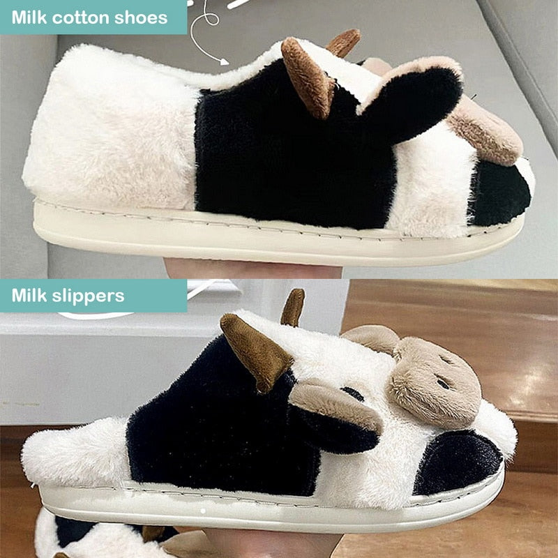 Upgrate Cute Animal Slipper For Women Girls Kawaii Fluffy Winter Warm Slippers Woman Cartoon Milk Cow House Slippers Funny Shoes - Amazhona 