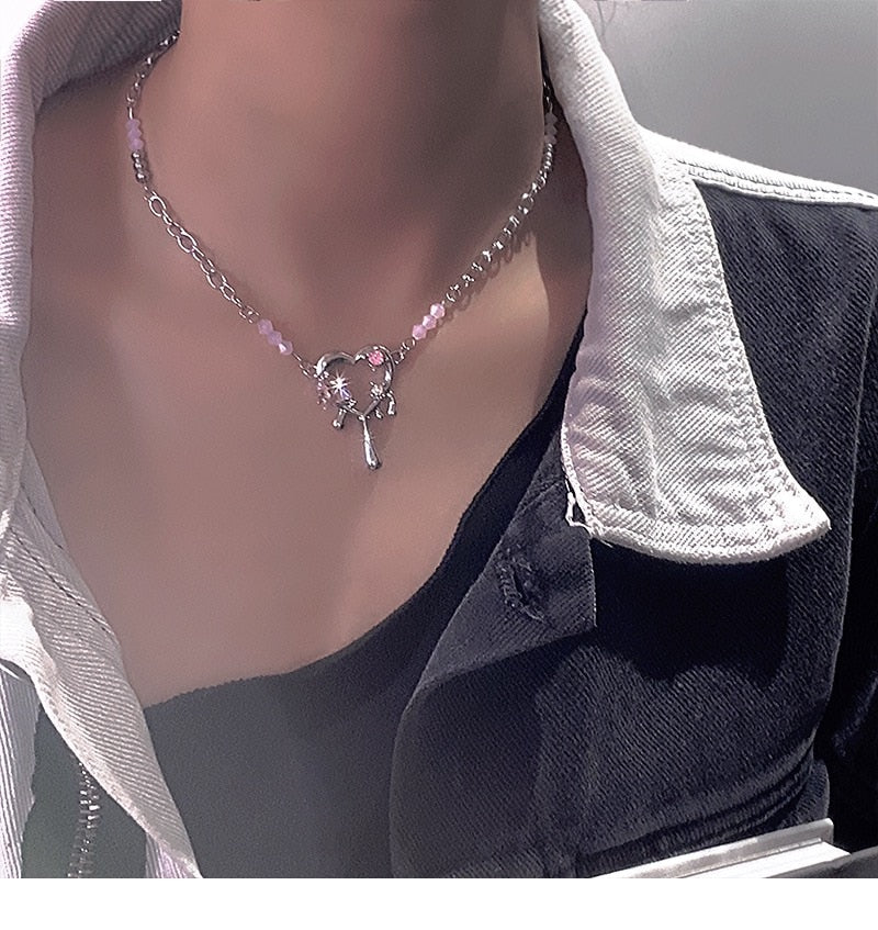 Kpop Choker Heart Necklace Clavicle Chain Rhinestone Pendant Necklace For Women Punk Y2K Aesthetic Gothic Fashion Grunge Jewelry - Amazhona 