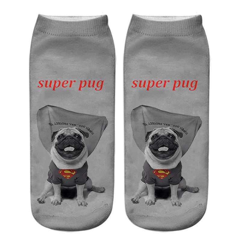 Funny Kawaii 3D Pug Dog Print Short Socks Cotton Fashion Harajuku Hip Hop Cute Japanese Fashion Soft Women Animal Slippers Socks - Amazhona 