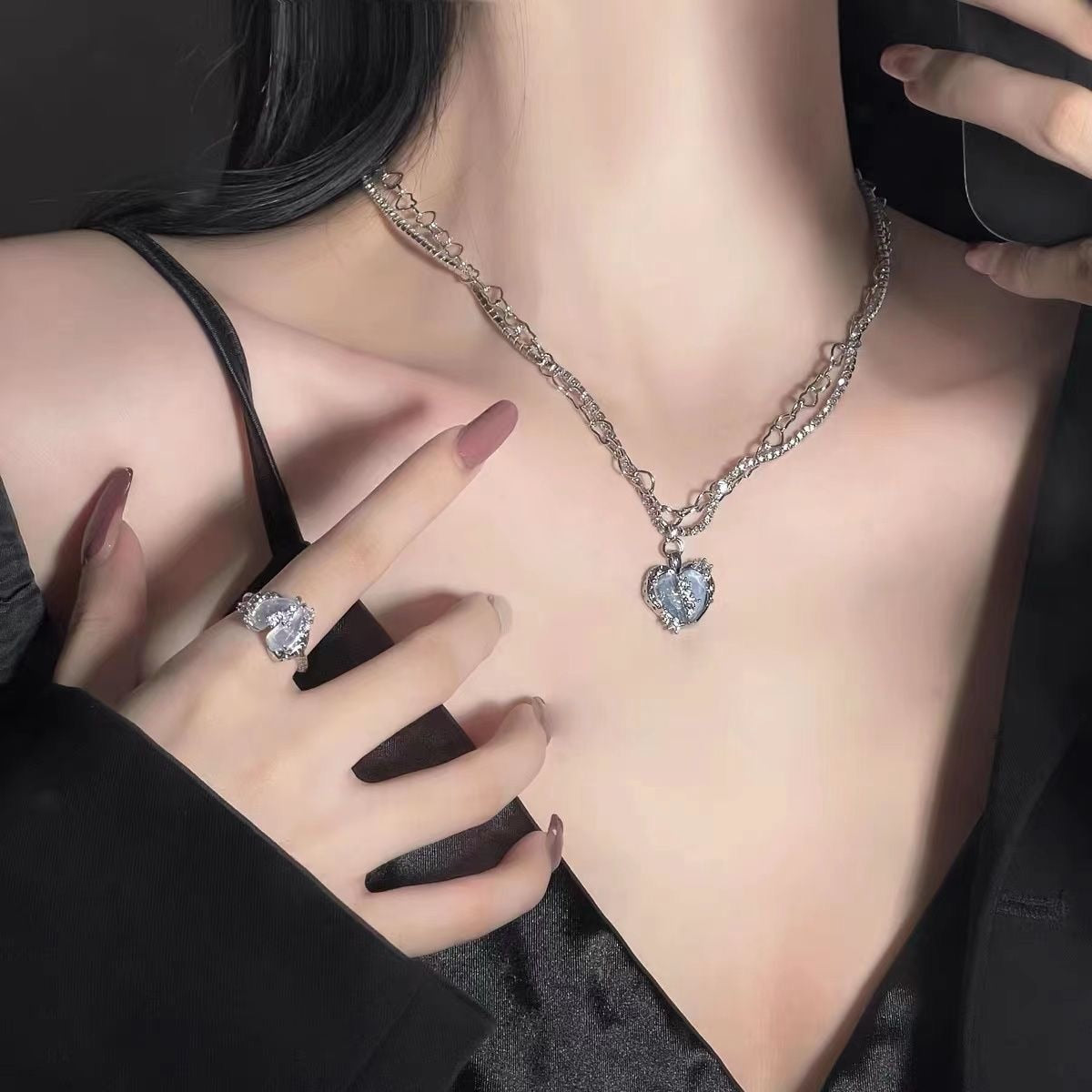 Kpop Choker Heart Necklace Clavicle Chain Rhinestone Pendant Necklace For Women Punk Y2K Aesthetic Gothic Fashion Grunge Jewelry - Amazhona 