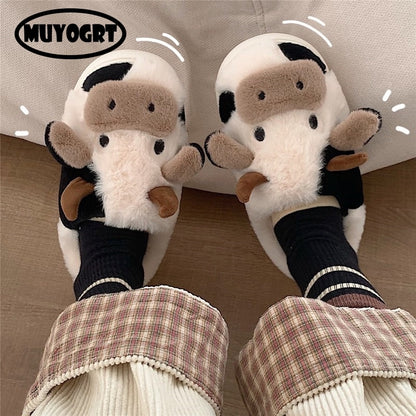 Upgrate Cute Animal Slipper For Women Girls Kawaii Fluffy Winter Warm Slippers Woman Cartoon Milk Cow House Slippers Funny Shoes - Amazhona 