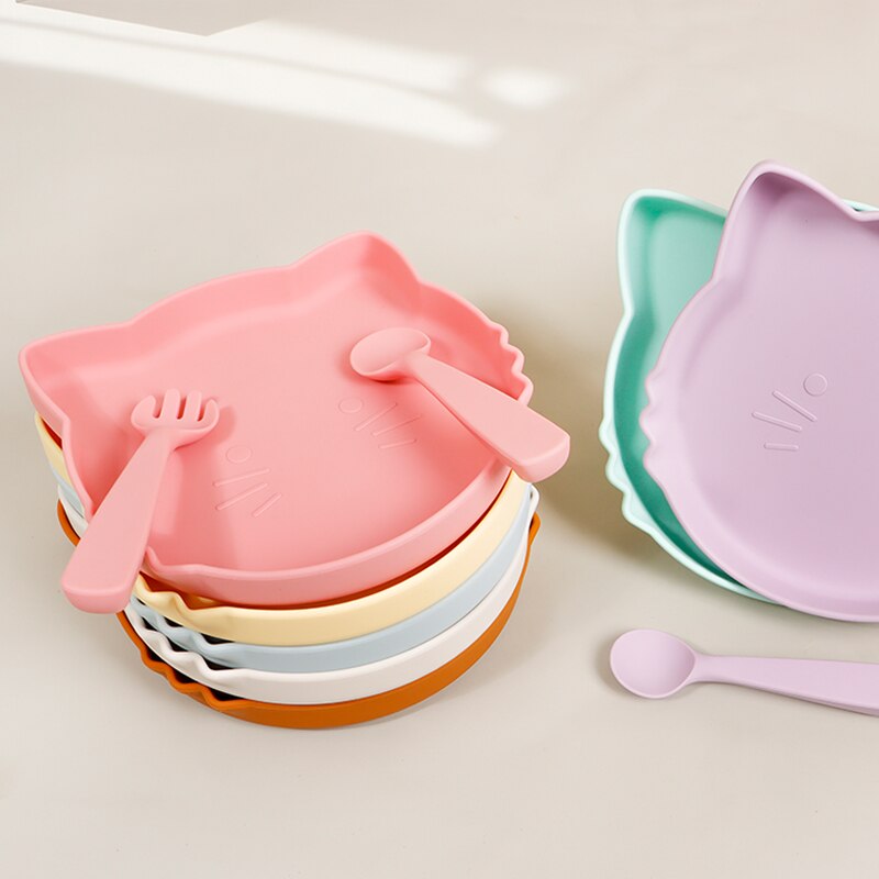 Mommielife Portable Baby Feeding Sets  Silicone Baby Feeding Plate Cartoon Cat Baby Learning Suction Dishes Set For kids - Amazhona 