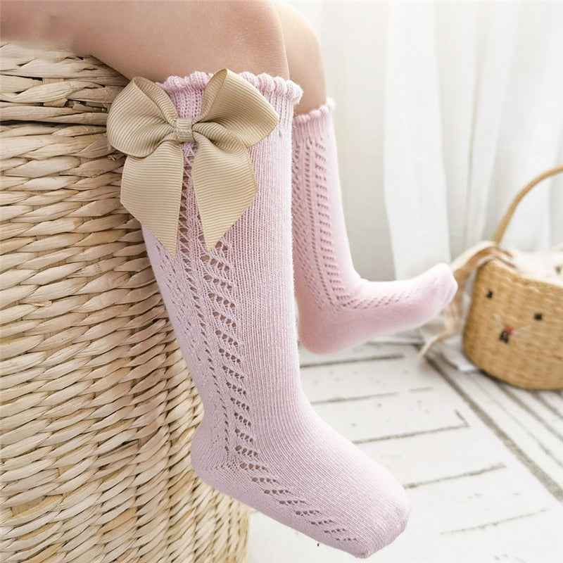 Summer Kids Knee High Socks Baby Girls Boys Bow Long Sock Soft Cotton Mesh Breathable Children Hollow Out Socken For 0-7 Years - Amazhona 