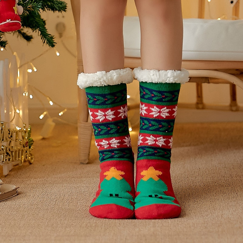 Christmas Fuzzy Socks Womens Winter Thermal Warm Floor Sock Soft Female Home Indoor Gifts Non Slip Grip Slipper Sock Fluffy - Amazhona 