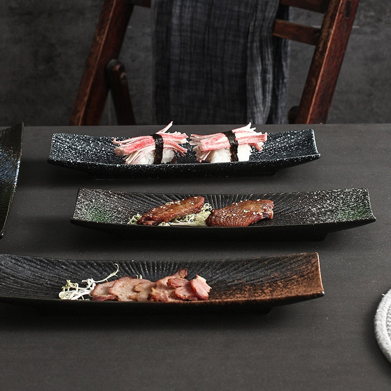 Japanese-style Tableware Long Plate Shaped Sushi Snack Plate Barbecue Plate Fish Plate Restaurant Plates Set Ceramic Dishes - Amazhona 