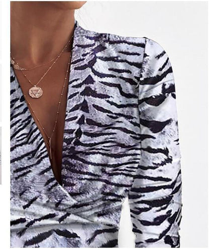 Sexy Long Sleeve V-neck Leopard Print Ladies Blouse - Amazhona 