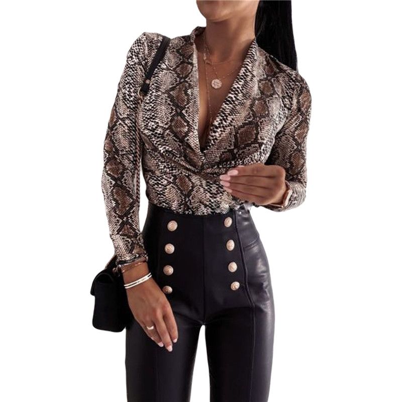 Sexy Long Sleeve V-neck Leopard Print Ladies Blouse - Amazhona 