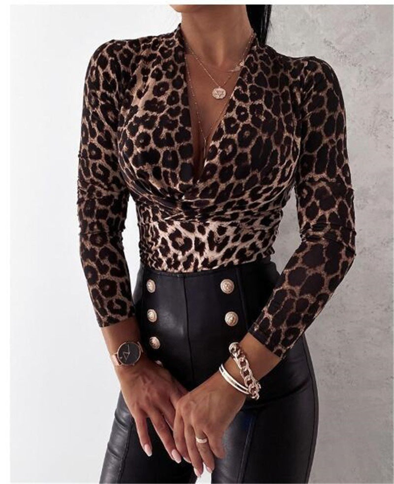 Sexy Long Sleeve V-neck Leopard Print Ladies Blouse - Amazhona 