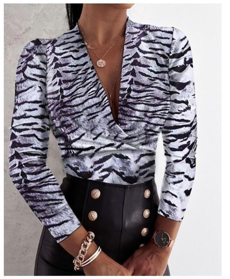 Sexy Long Sleeve V-neck Leopard Print Ladies Blouse - Amazhona 