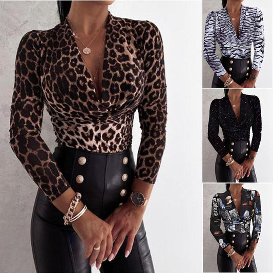 Sexy Long Sleeve V-neck Leopard Print Ladies Blouse - Amazhona 