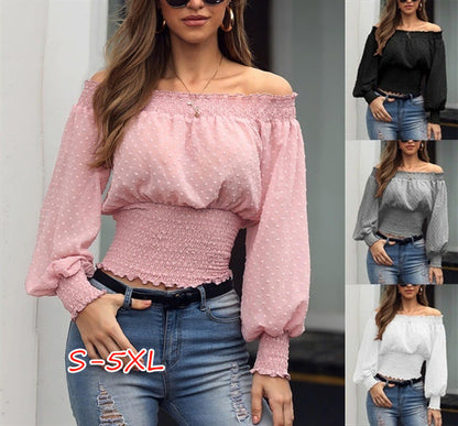 Sexy One-Shoulder Ruffled Waist Chiffon Shirt T-Shirt - Amazhona 