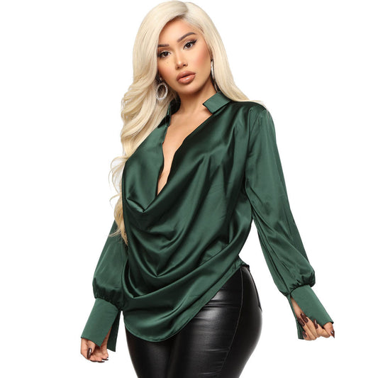 SexyTemperament Long-sleeved Deep V-neck Satin All-match Top - Amazhona 