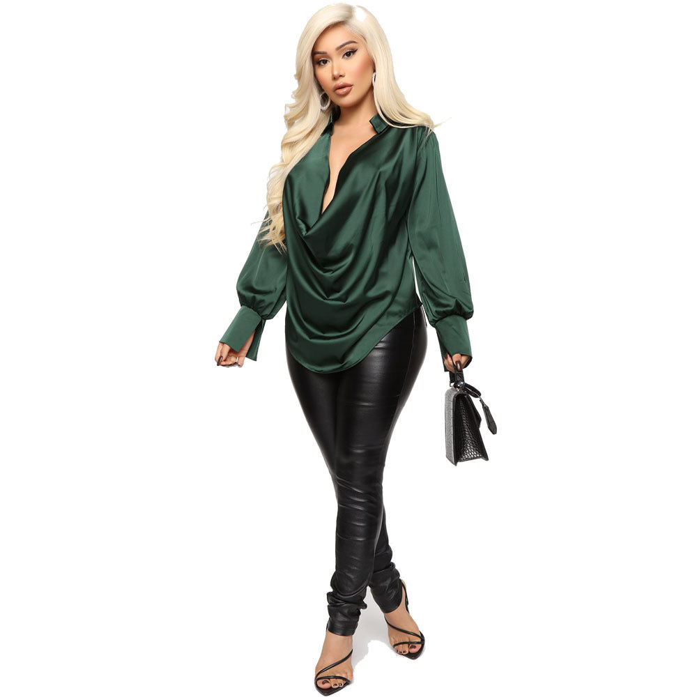 SexyTemperament Long-sleeved Deep V-neck Satin All-match Top - Amazhona 