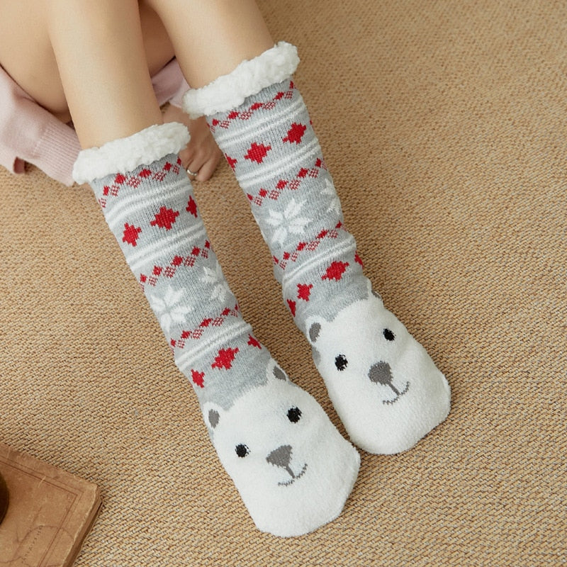 Christmas Fuzzy Socks Womens Winter Thermal Warm Floor Sock Soft Female Home Indoor Gifts Non Slip Grip Slipper Sock Fluffy - Amazhona 