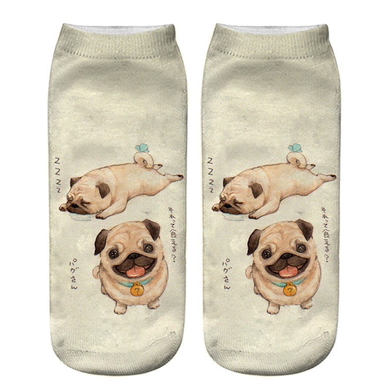 Funny Kawaii 3D Pug Dog Print Short Socks Cotton Fashion Harajuku Hip Hop Cute Japanese Fashion Soft Women Animal Slippers Socks - Amazhona 