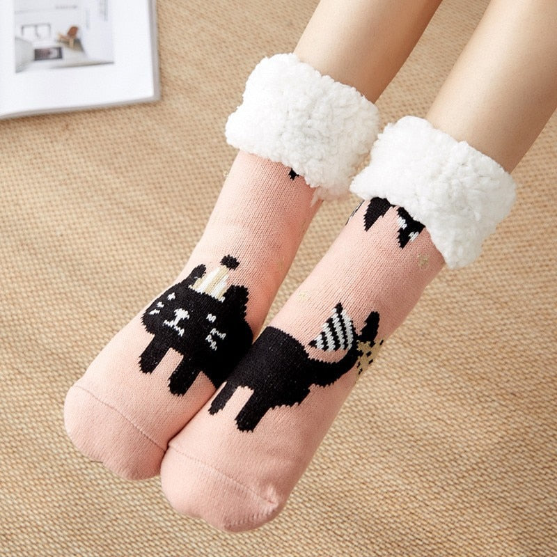 Christmas Fuzzy Socks Womens Winter Thermal Warm Floor Sock Soft Female Home Indoor Gifts Non Slip Grip Slipper Sock Fluffy - Amazhona 