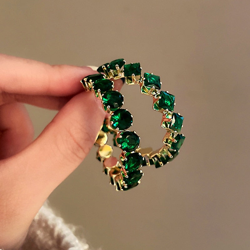 Shiny Luxury High Quality Inlay Hoop Earrings Round Green Zircon Crystal Earrings for Women Engagement Party Jewelry Gifts - Amazhona 