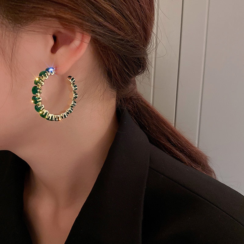 Shiny Luxury High Quality Inlay Hoop Earrings Round Green Zircon Crystal Earrings for Women Engagement Party Jewelry Gifts - Amazhona 