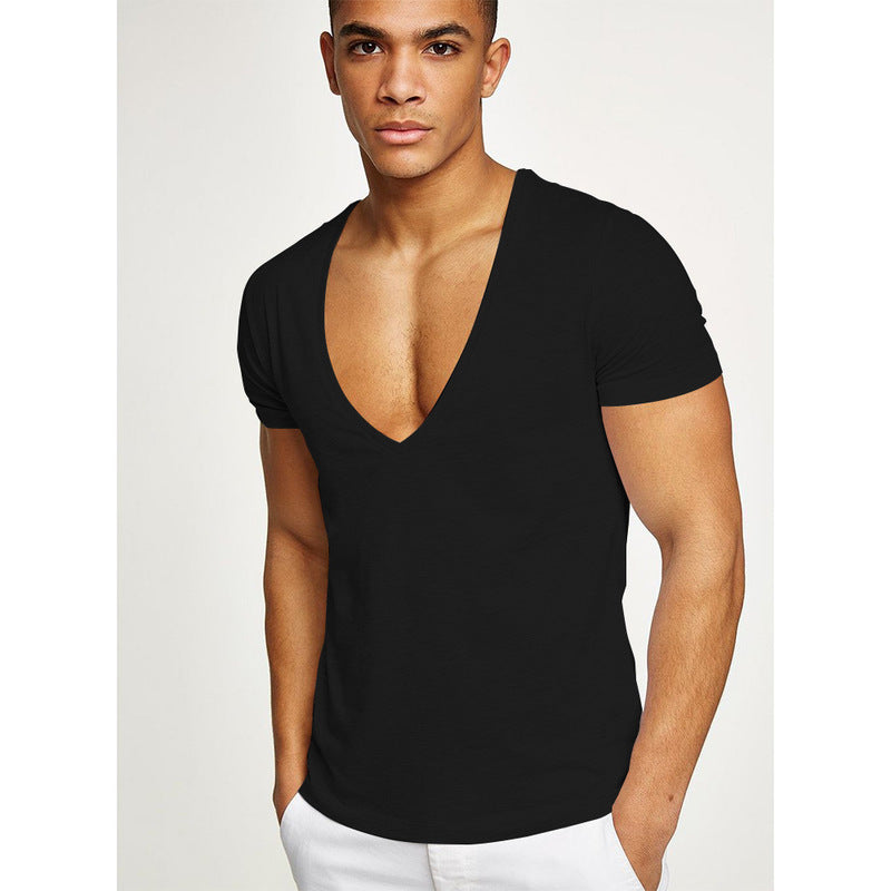 Shirts Men Deep V Neck Short Sleeve Tshirts Summer Streetwear Casual Solid Slim Polyester Tees Gym Fitness Boxing T Shirt Tops - Amazhona 