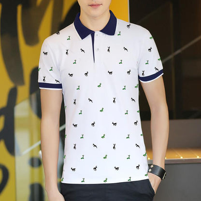 Short Sleeve T-shirt Men''s One Summer Men''s Thin Polo Shirt Fawn Print Lapel T-Shirt Large - Amazhona 