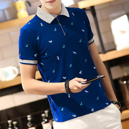 Short Sleeve T-shirt Men''s One Summer Men''s Thin Polo Shirt Fawn Print Lapel T-Shirt Large - Amazhona 