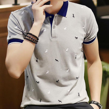 Short Sleeve T-shirt Men''s One Summer Men''s Thin Polo Shirt Fawn Print Lapel T-Shirt Large - Amazhona 