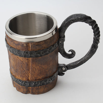 Simulation Wooden Barrel Double-layer Beer Creative Personality Resin Stainless Steel Liner Drinking Cup - Amazhona 