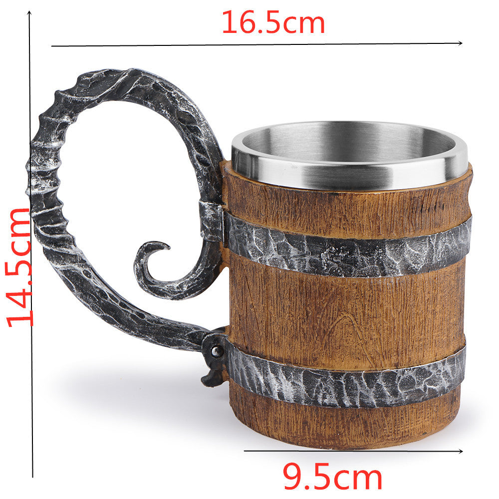 Simulation Wooden Barrel Double-layer Beer Creative Personality Resin Stainless Steel Liner Drinking Cup - Amazhona 