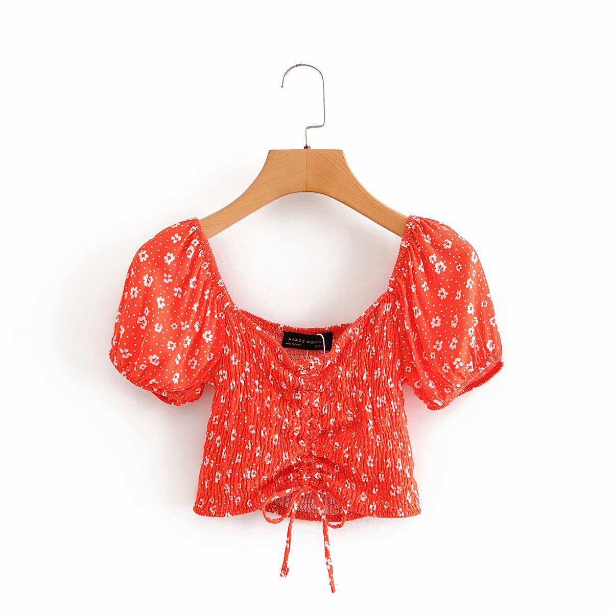 Slim Fit Cropped Crinkled Puff Sleeve V-Neck Floral Print Top - Amazhona 