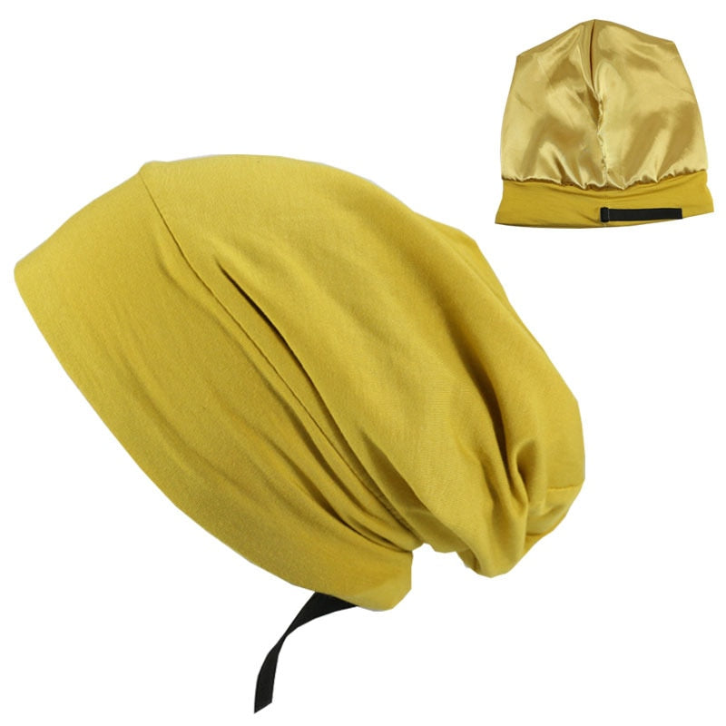 Soft Stretch Satin Bonnet Fashion Lined Sleeping Beanie Hat Bamboo Headwear Frizzy Natural Hair Nurse Cap for Women and Men - Amazhona 